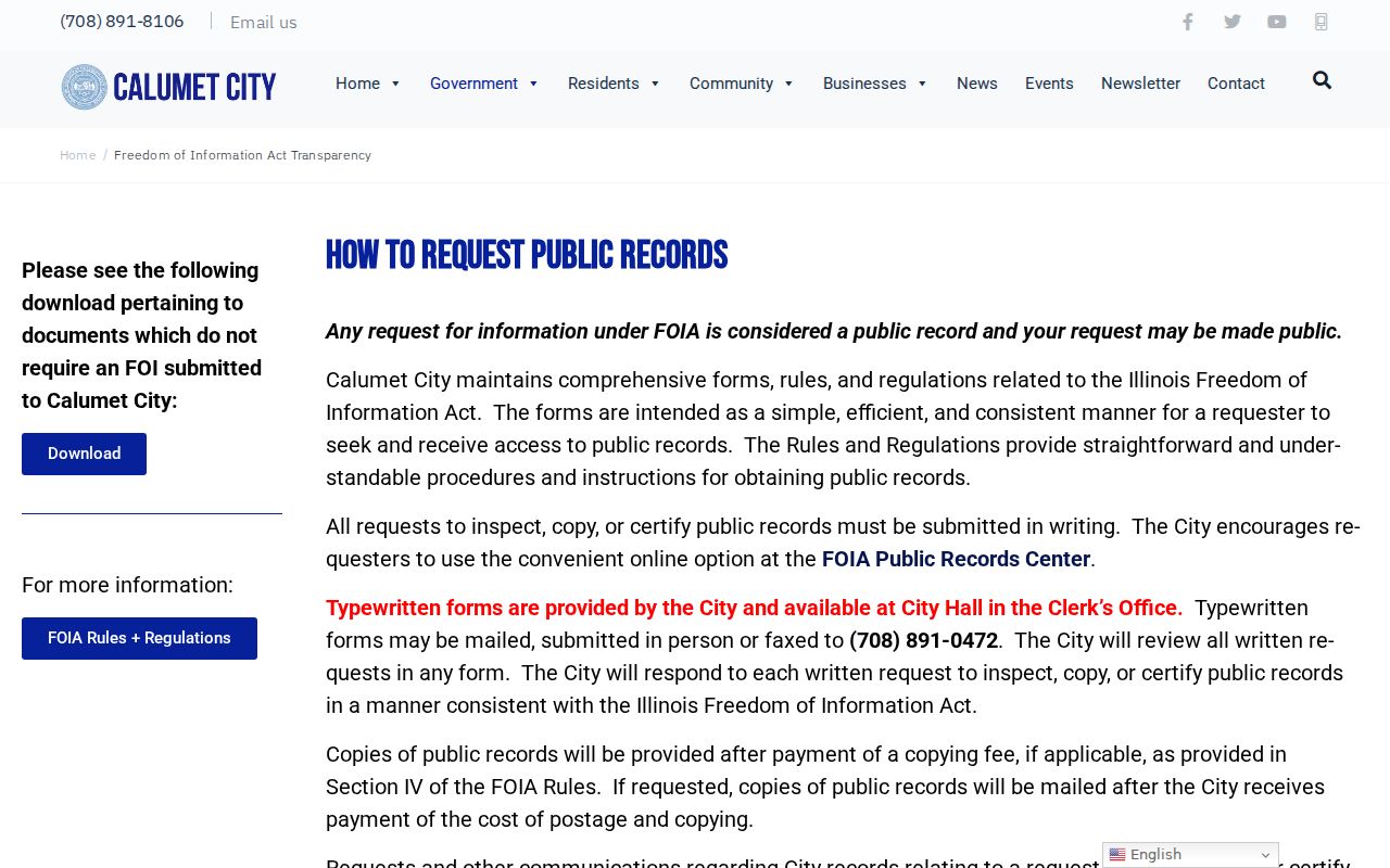Calumet City residents directory FOIA instructions