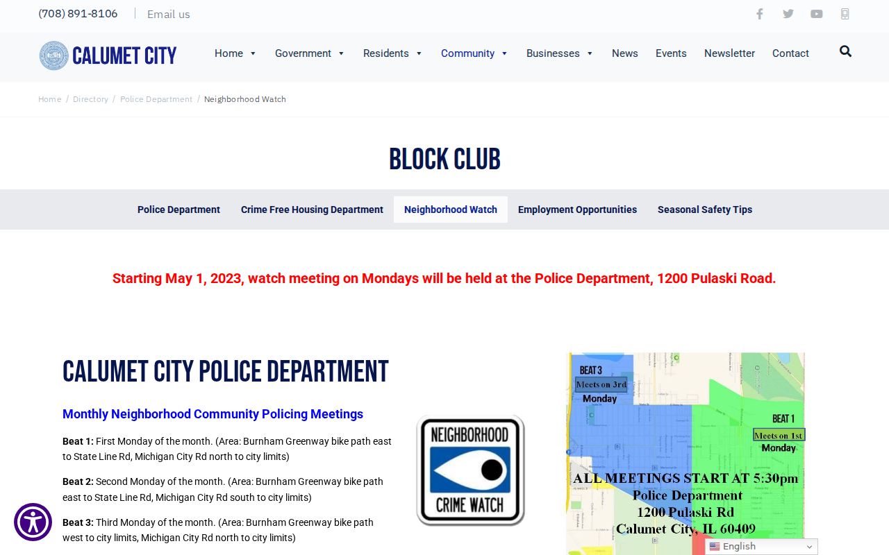 Calumet City Neighborhood Watch page showing police beat and block club information