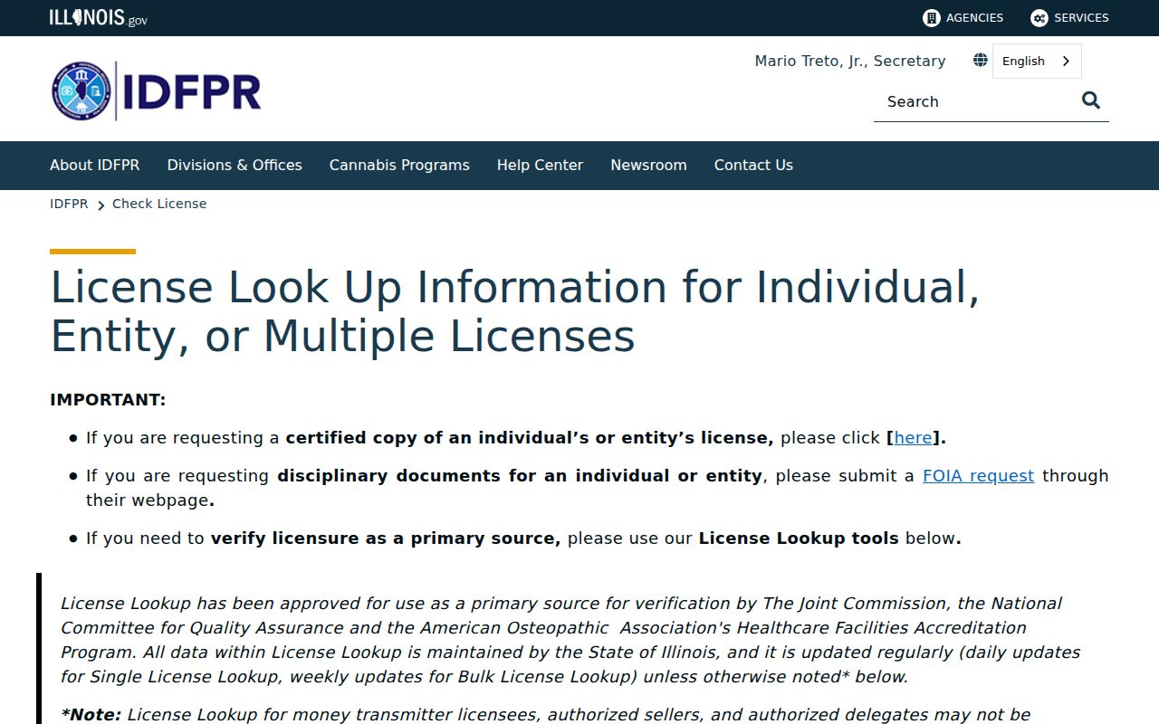 Calumet City resident lookup using the Illinois professional license search